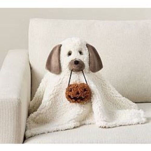 Pottery Barn Gus Doug The Dog Ghost Pillow Pumpkin Halloween Fall NEW IN HAND - Picture 1 of 5
